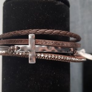 Brown Leather Silver Cross Religious Rhinestone Magnetic Closure Bracelet